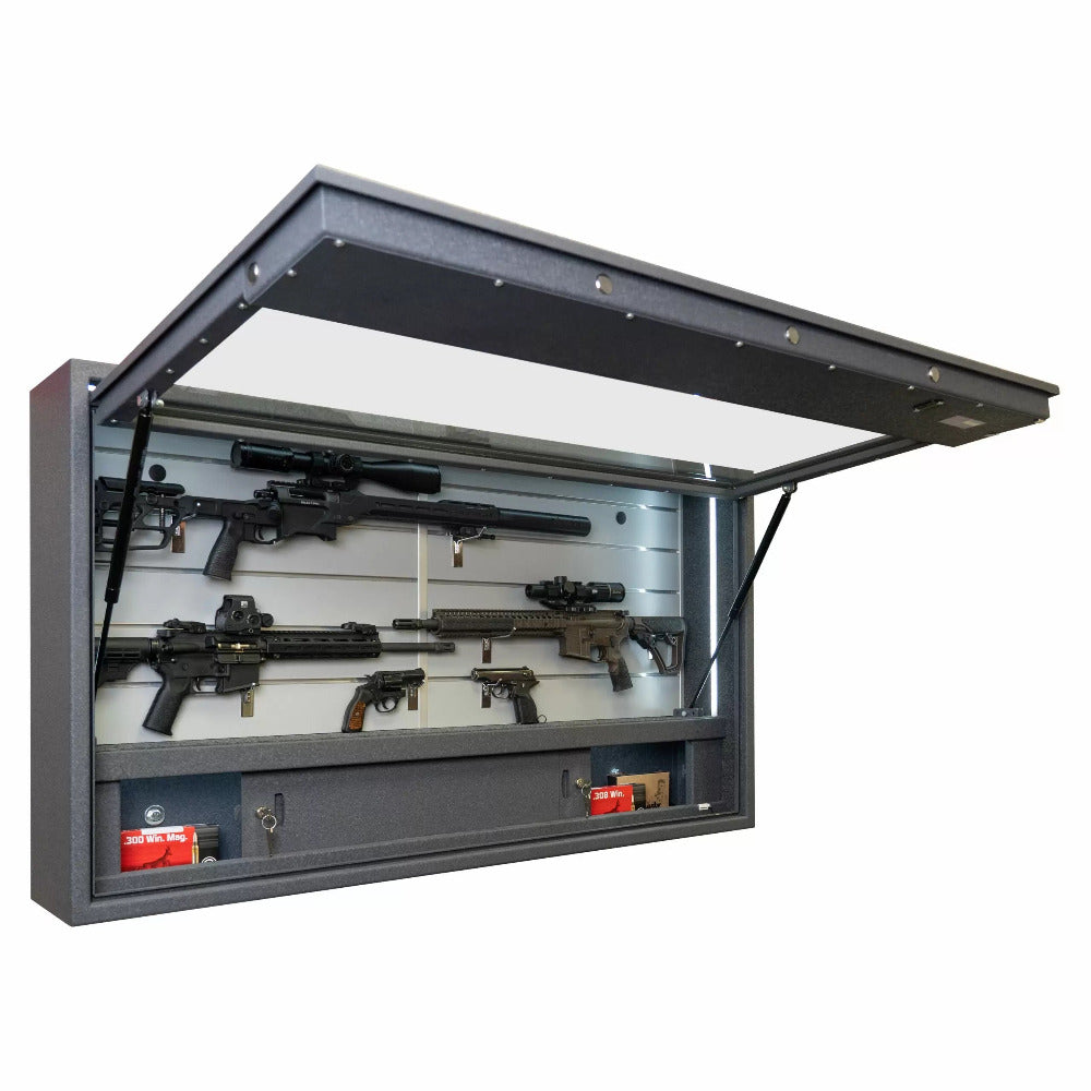Wand Glaswaffenvitrine Lombardei offen mit Musterbestückung